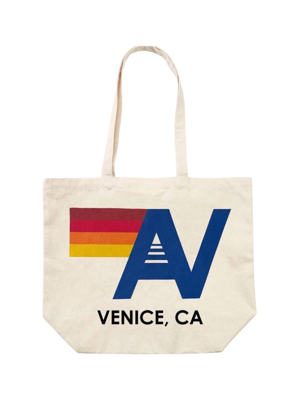 Aviator Nation Cream Canvas Tote with Blue AV Logo and Red-Orange-Yellow Stripe